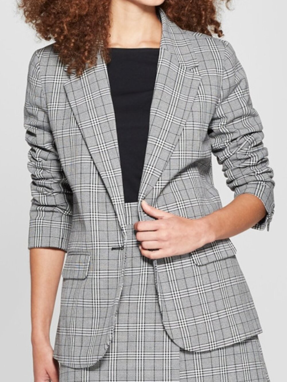 A NEW DAY Plaid Boyfriend Blazer White Black Single Button Notch Lapel Jacket 16